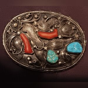 Sterling silver navajo EJ turquoise and coral belt buckle